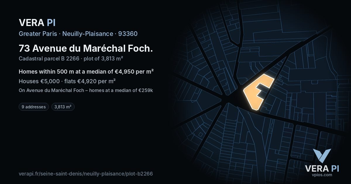 73 Avenue du Maréchal Foch, Neuilly-Plaisance at night – the plot lit, the parcels around coloured by the prices near them