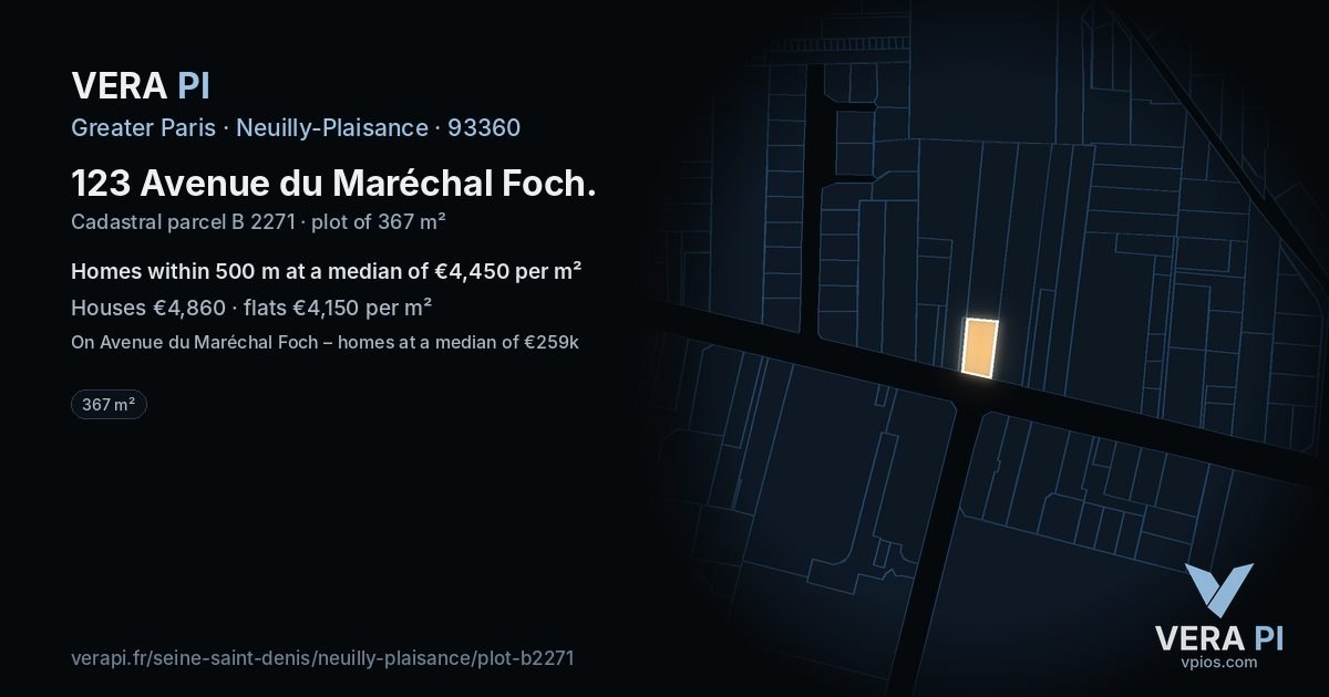 123 Avenue du Maréchal Foch, Neuilly-Plaisance at night – the plot lit, the parcels around coloured by the prices near them