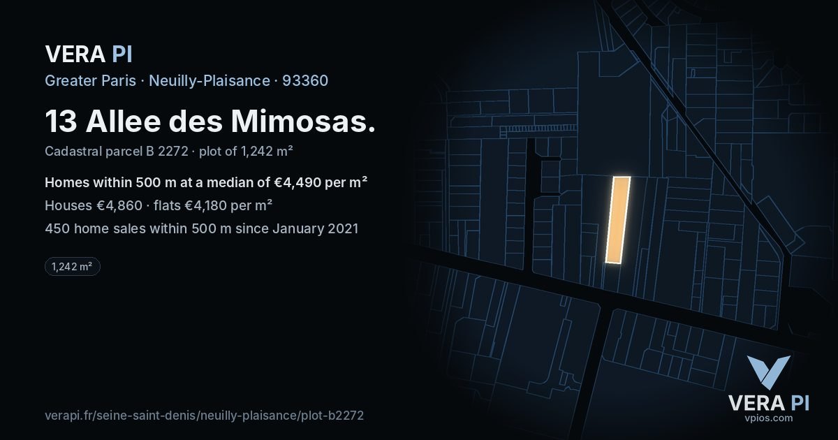 13 Allee des Mimosas, Neuilly-Plaisance at night – the plot lit, the parcels around coloured by the prices near them