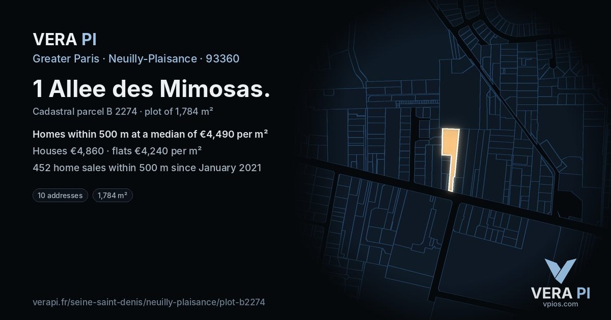 1 Allee des Mimosas, Neuilly-Plaisance at night – the plot lit, the parcels around coloured by the prices near them
