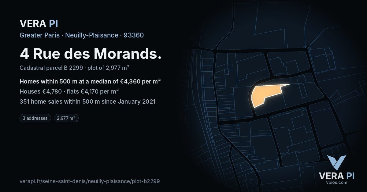 4 Rue des Morands, Neuilly-Plaisance at night – the plot lit, the parcels around coloured by the prices near them