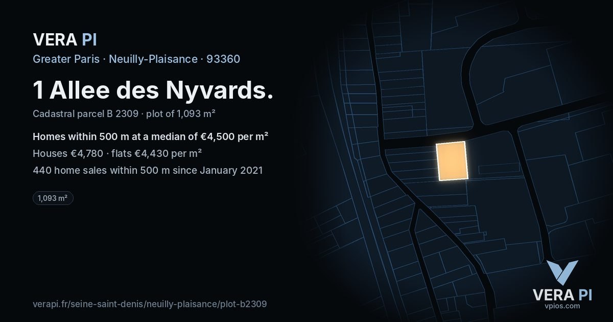1 Allee des Nyvards, Neuilly-Plaisance at night – the plot lit, the parcels around coloured by the prices near them
