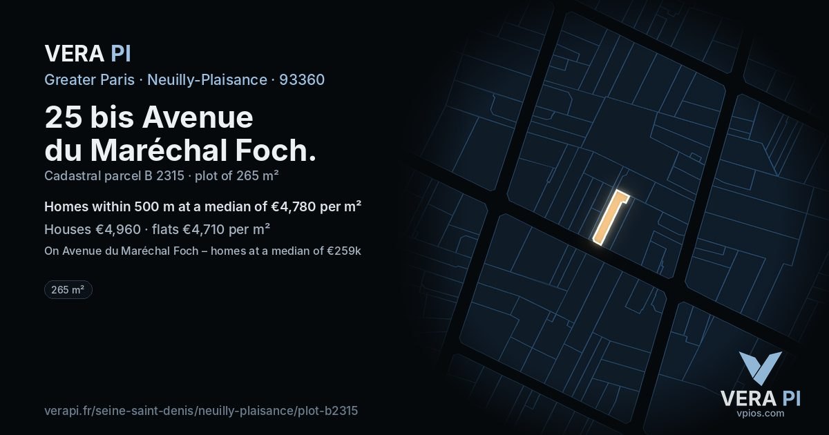 25 bis Avenue du Maréchal Foch, Neuilly-Plaisance at night – the plot lit, the parcels around coloured by the prices near them