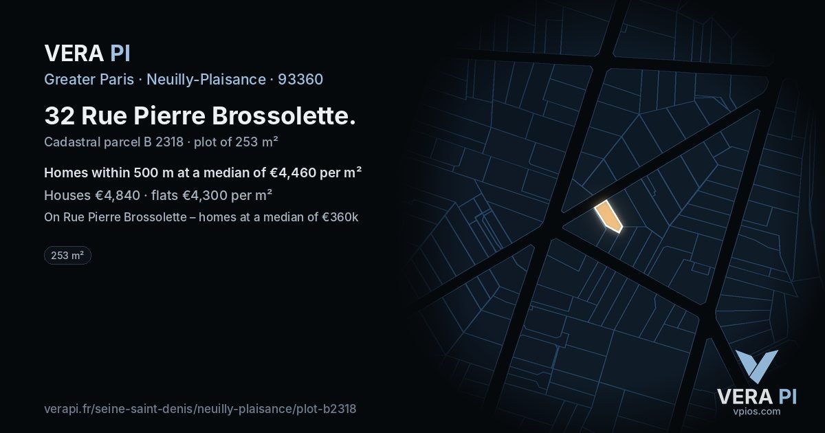 32 Rue Pierre Brossolette, Neuilly-Plaisance at night – the plot lit, the parcels around coloured by the prices near them