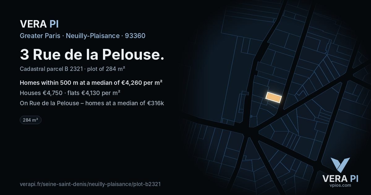 3 Rue de la Pelouse, Neuilly-Plaisance at night – the plot lit, the parcels around coloured by the prices near them