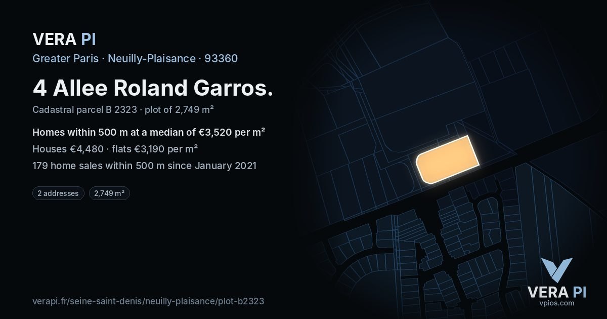 4 Allee Roland Garros, Neuilly-Plaisance at night – the plot lit, the parcels around coloured by the prices near them