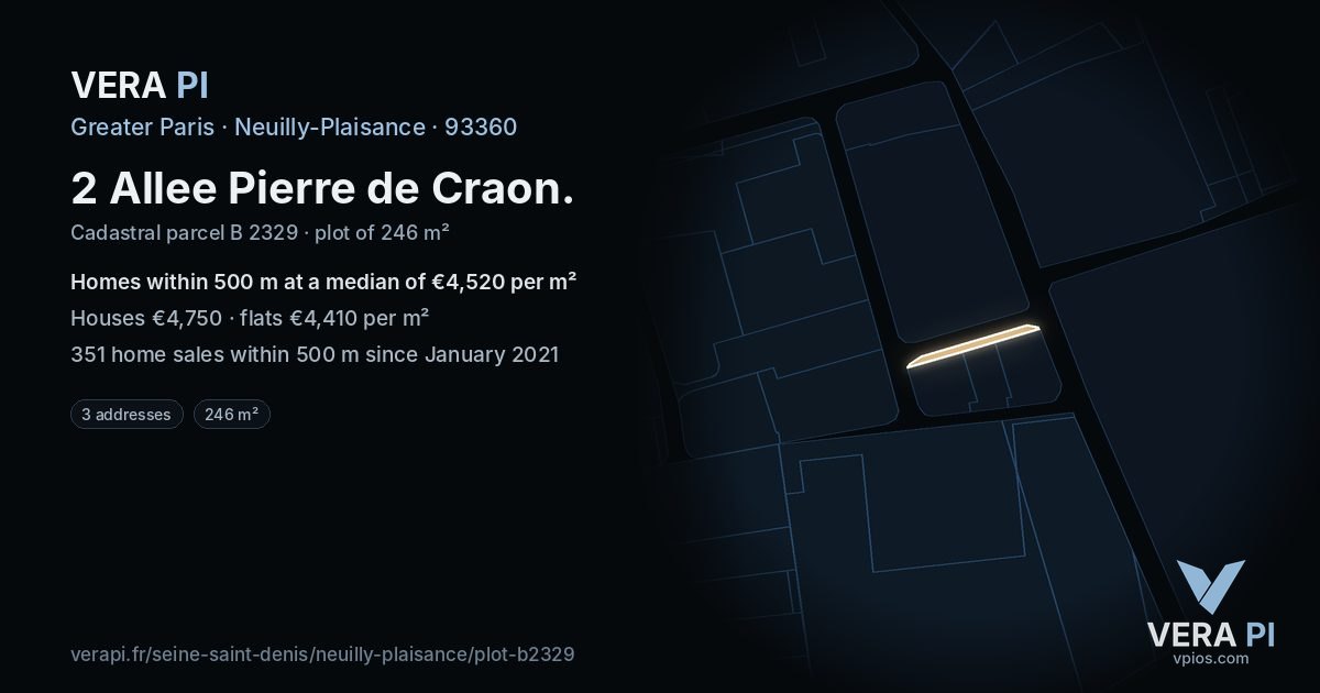 2 Allee Pierre de Craon, Neuilly-Plaisance at night – the plot lit, the parcels around coloured by the prices near them