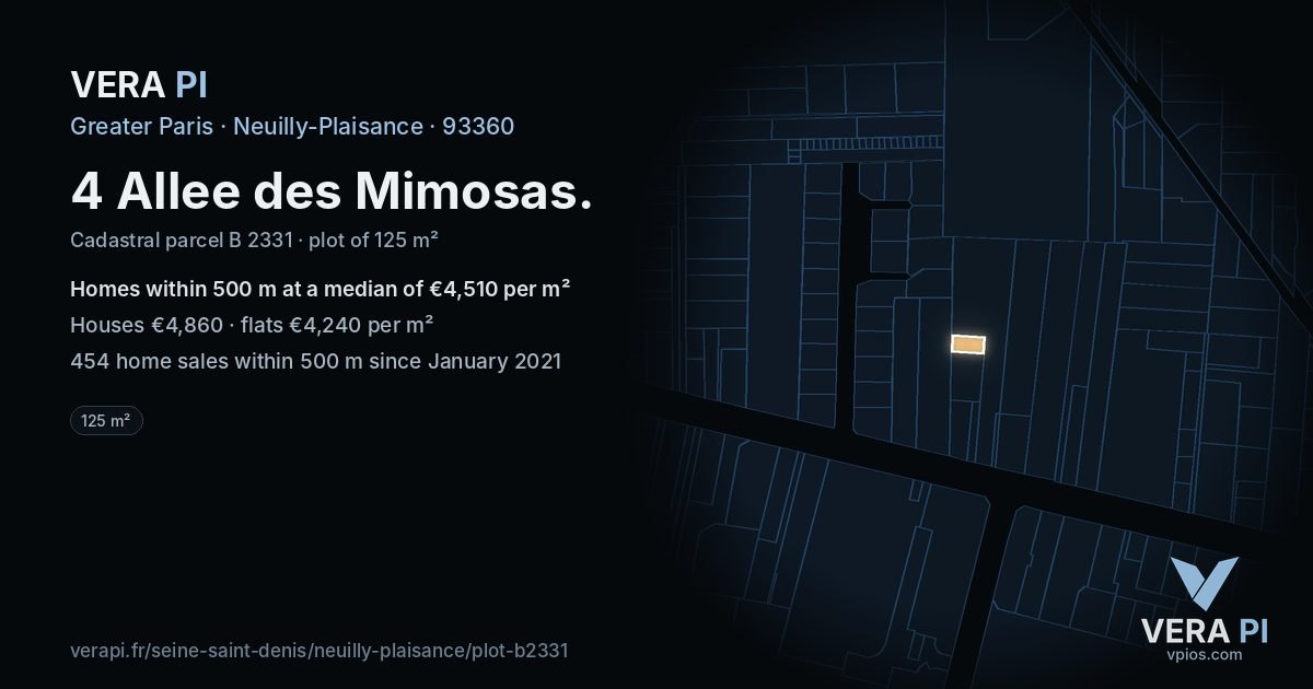 4 Allee des Mimosas, Neuilly-Plaisance at night – the plot lit, the parcels around coloured by the prices near them