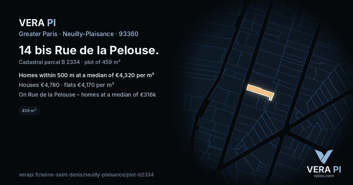 14 bis Rue de la Pelouse, Neuilly-Plaisance at night – the plot lit, the parcels around coloured by the prices near them