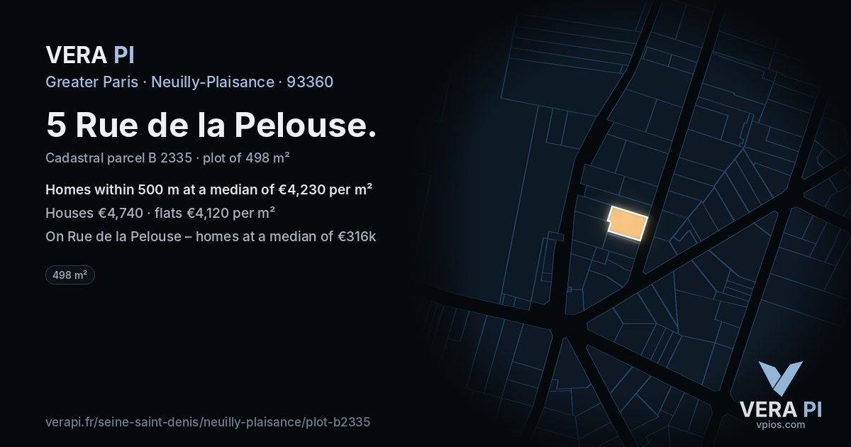 5 Rue de la Pelouse, Neuilly-Plaisance at night – the plot lit, the parcels around coloured by the prices near them