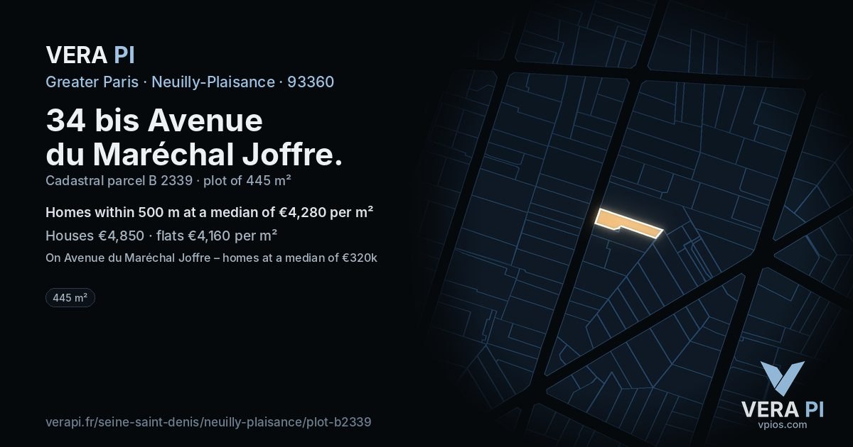 34 bis Avenue du Maréchal Joffre, Neuilly-Plaisance at night – the plot lit, the parcels around coloured by the prices near them