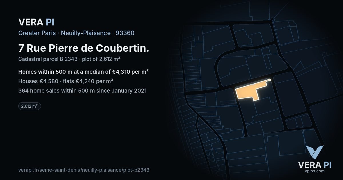 7 Rue Pierre de Coubertin, Neuilly-Plaisance at night – the plot lit, the parcels around coloured by the prices near them