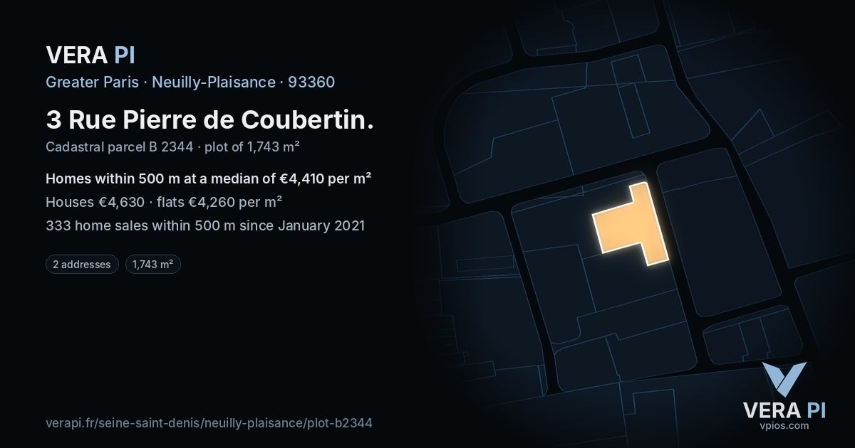 3 Rue Pierre de Coubertin, Neuilly-Plaisance at night – the plot lit, the parcels around coloured by the prices near them