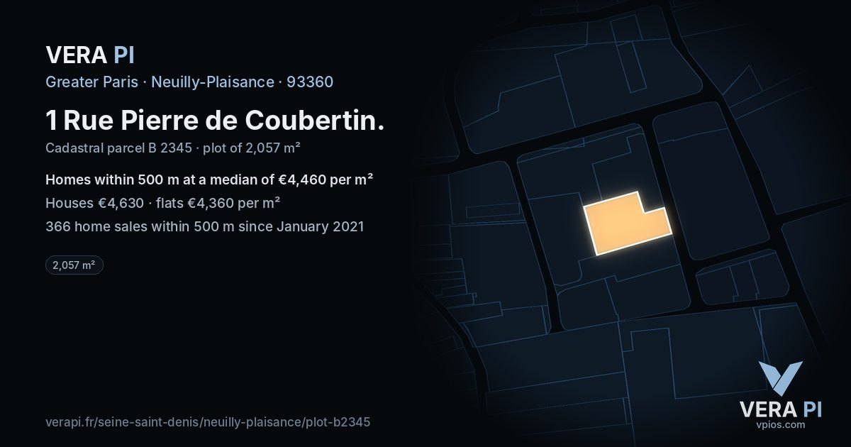 1 Rue Pierre de Coubertin, Neuilly-Plaisance at night – the plot lit, the parcels around coloured by the prices near them