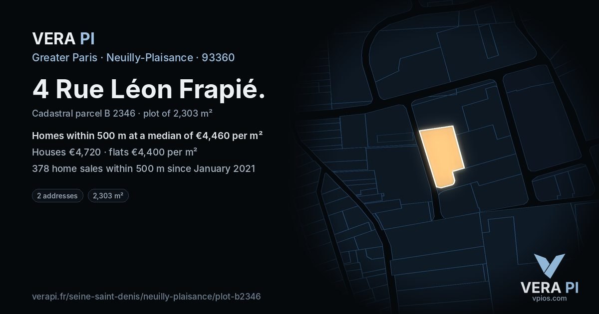 4 Rue Léon Frapié, Neuilly-Plaisance at night – the plot lit, the parcels around coloured by the prices near them