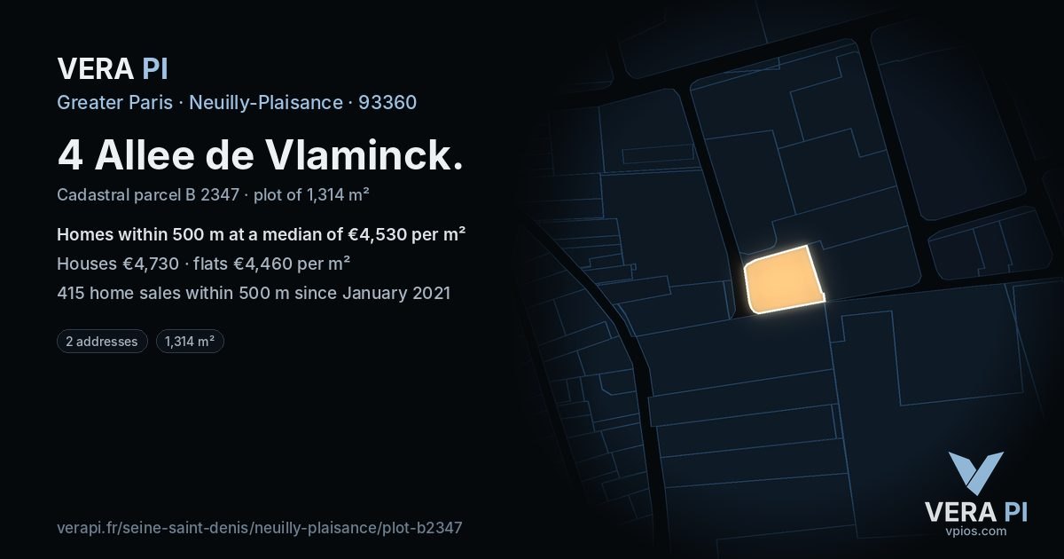 4 Allee de Vlaminck, Neuilly-Plaisance at night – the plot lit, the parcels around coloured by the prices near them
