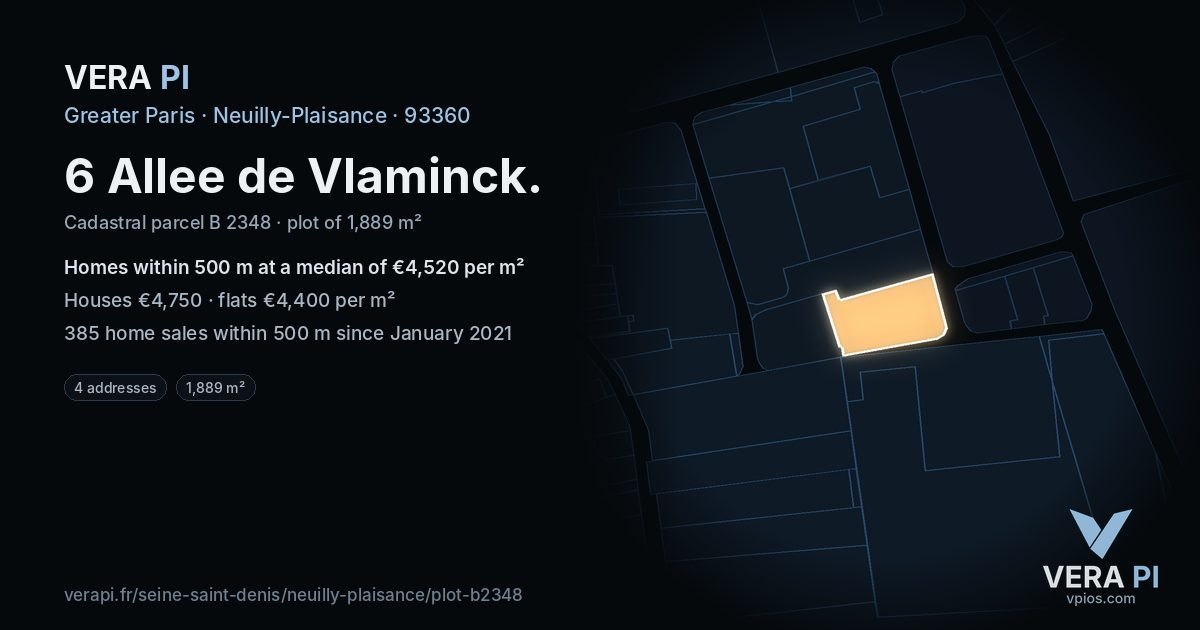 6 Allee de Vlaminck, Neuilly-Plaisance at night – the plot lit, the parcels around coloured by the prices near them