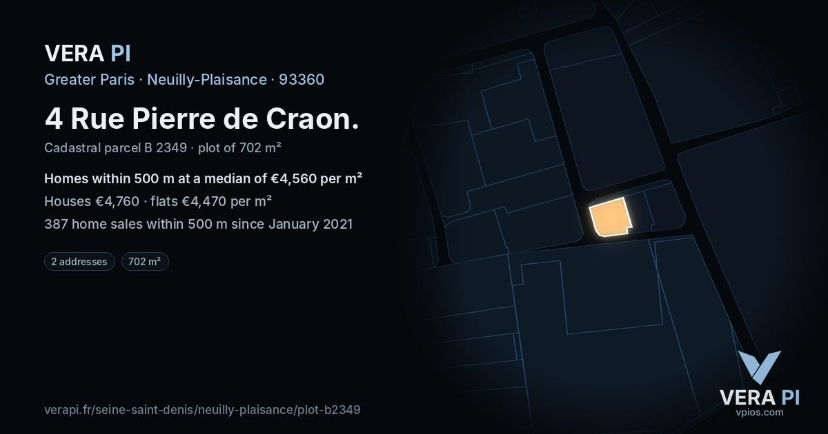 4 Rue Pierre de Craon, Neuilly-Plaisance at night – the plot lit, the parcels around coloured by the prices near them