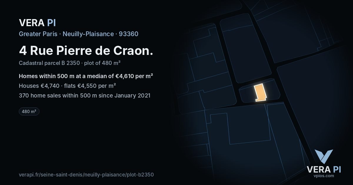 4 Rue Pierre de Craon, Neuilly-Plaisance at night – the plot lit, the parcels around coloured by the prices near them