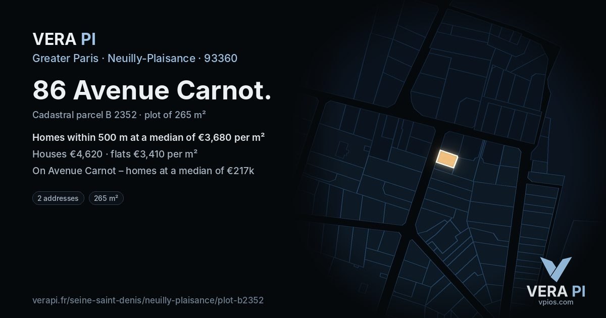 86 Avenue Carnot, Neuilly-Plaisance at night – the plot lit, the parcels around coloured by the prices near them