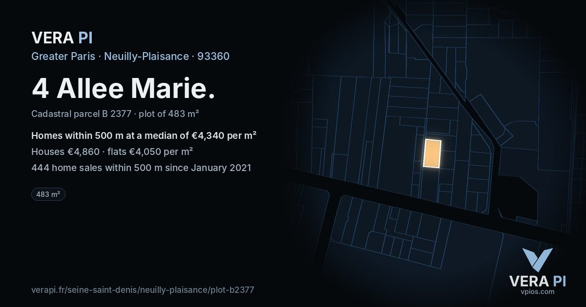 4 Allee Marie, Neuilly-Plaisance at night – the plot lit, the parcels around coloured by the prices near them
