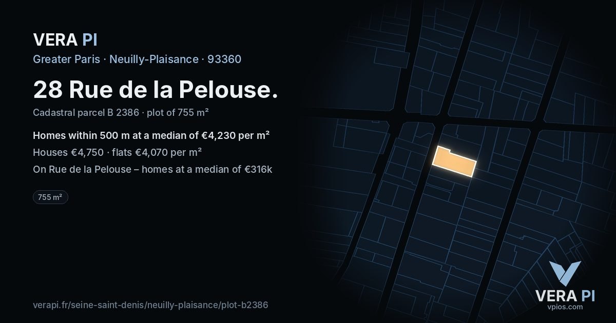 28 Rue de la Pelouse, Neuilly-Plaisance at night – the plot lit, the parcels around coloured by the prices near them
