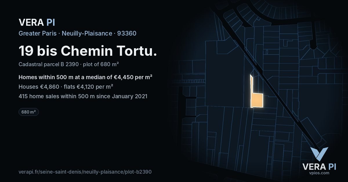 19 bis Chemin Tortu, Neuilly-Plaisance at night – the plot lit, the parcels around coloured by the prices near them
