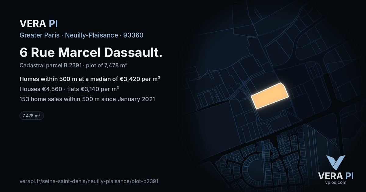 6 Rue Marcel Dassault, Neuilly-Plaisance at night – the plot lit, the parcels around coloured by the prices near them