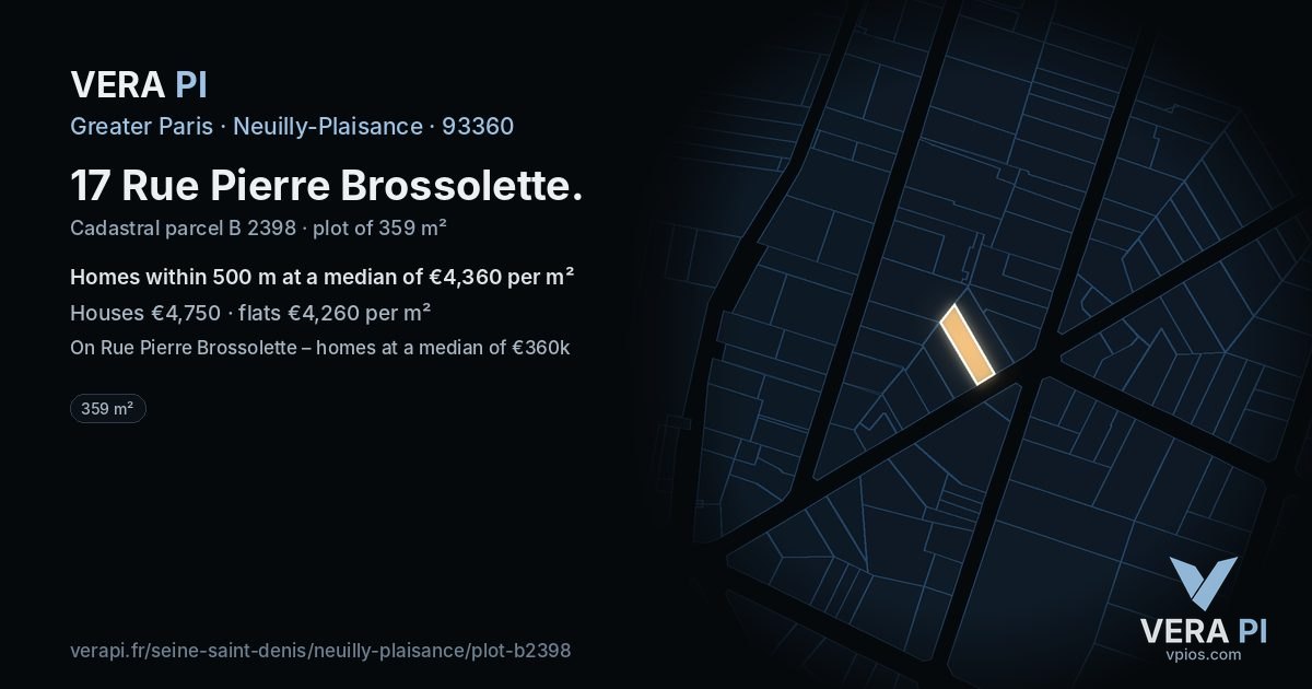 17 Rue Pierre Brossolette, Neuilly-Plaisance at night – the plot lit, the parcels around coloured by the prices near them