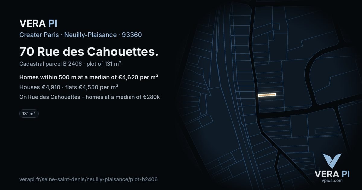 70 Rue des Cahouettes, Neuilly-Plaisance at night – the plot lit, the parcels around coloured by the prices near them