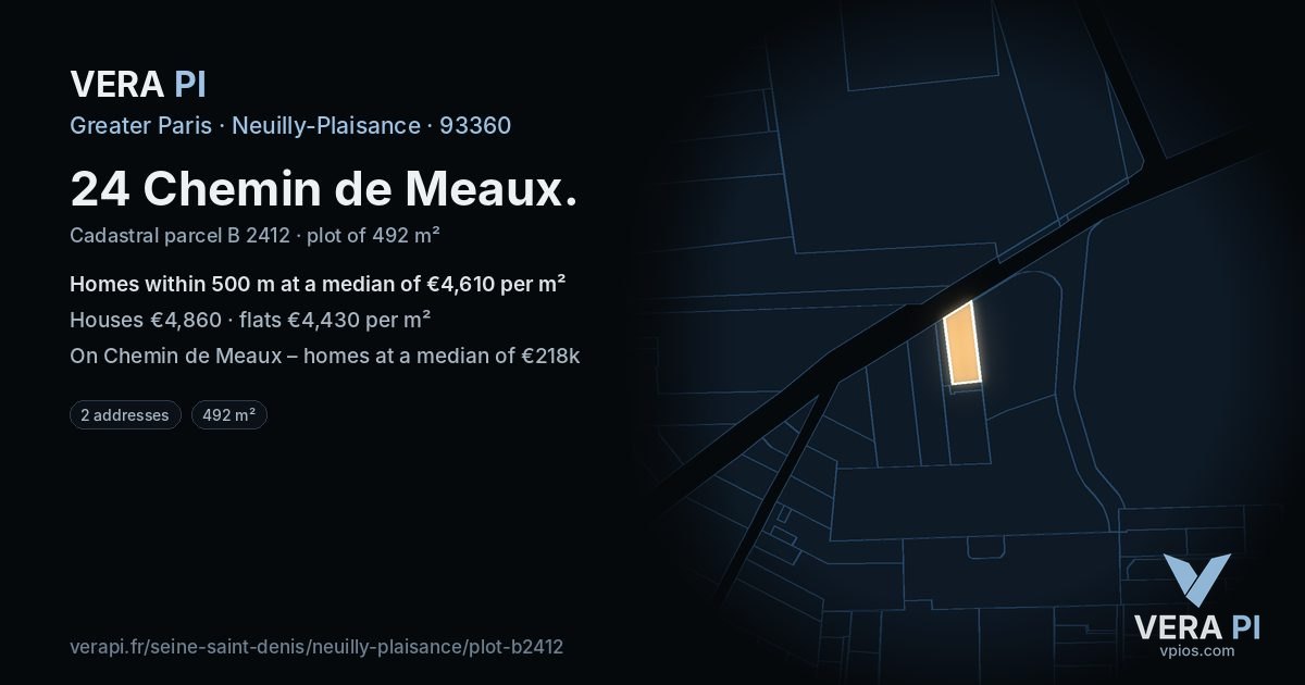 24 Chemin de Meaux, Neuilly-Plaisance at night – the plot lit, the parcels around coloured by the prices near them