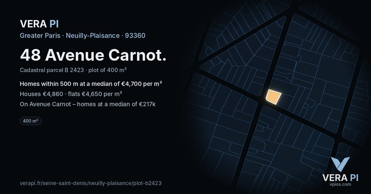 48 Avenue Carnot, Neuilly-Plaisance at night – the plot lit, the parcels around coloured by the prices near them