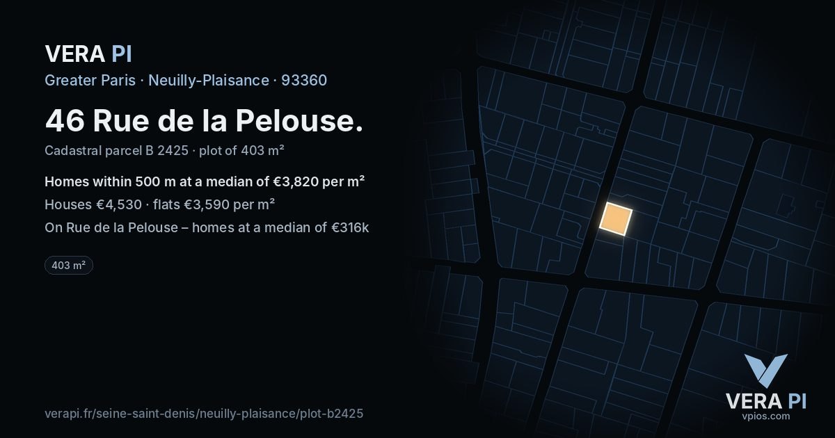 46 Rue de la Pelouse, Neuilly-Plaisance at night – the plot lit, the parcels around coloured by the prices near them