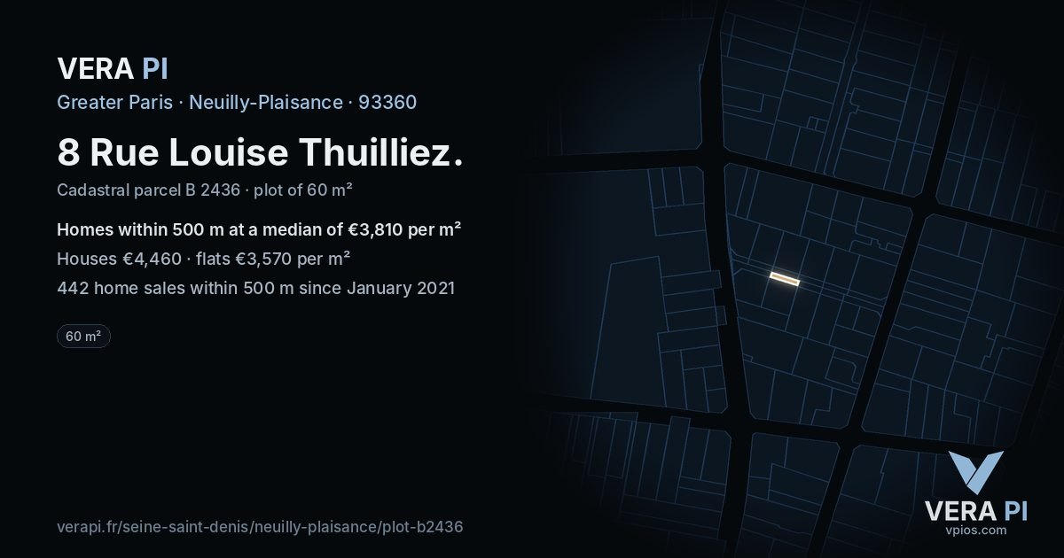 8 Rue Louise Thuilliez, Neuilly-Plaisance at night – the plot lit, the parcels around coloured by the prices near them