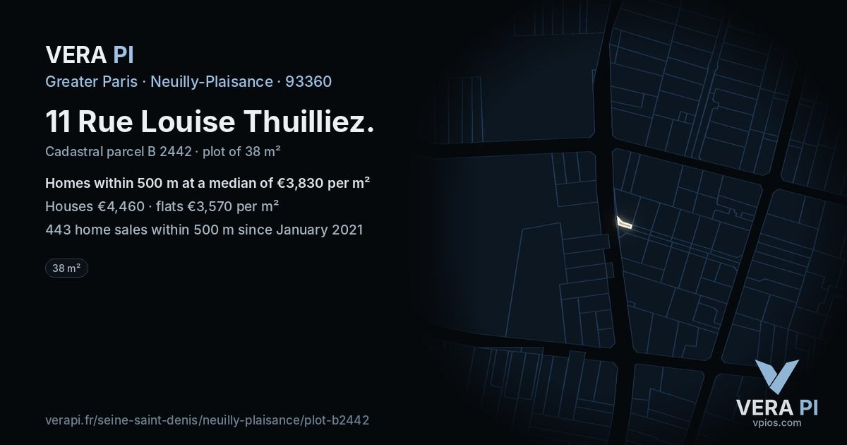 11 Rue Louise Thuilliez, Neuilly-Plaisance at night – the plot lit, the parcels around coloured by the prices near them