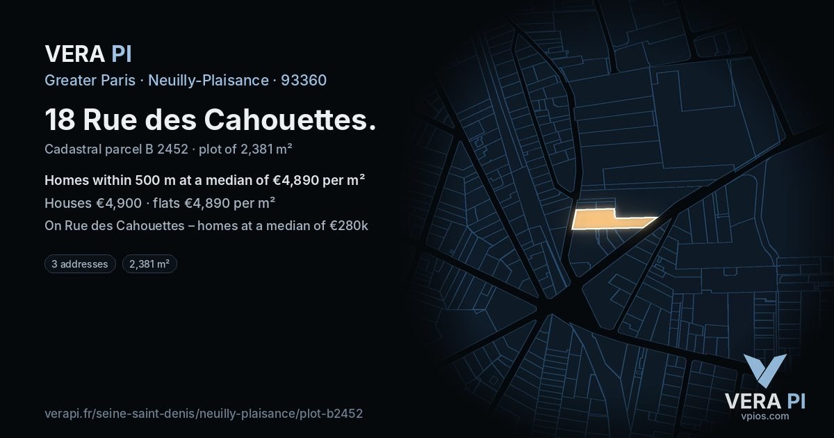18 Rue des Cahouettes, Neuilly-Plaisance at night – the plot lit, the parcels around coloured by the prices near them