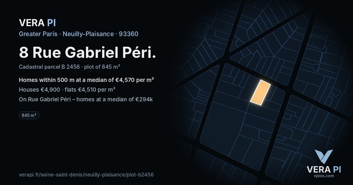 8 Rue Gabriel Péri, Neuilly-Plaisance at night – the plot lit, the parcels around coloured by the prices near them