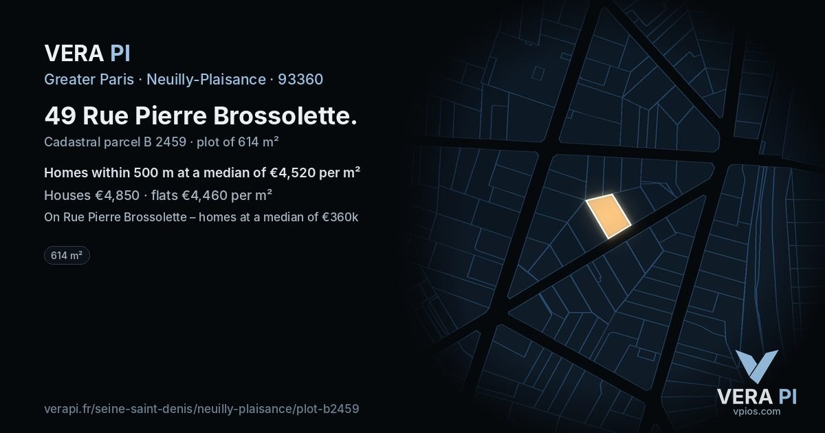 49 Rue Pierre Brossolette, Neuilly-Plaisance at night – the plot lit, the parcels around coloured by the prices near them