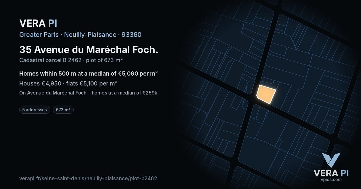 35 Avenue du Maréchal Foch, Neuilly-Plaisance at night – the plot lit, the parcels around coloured by the prices near them