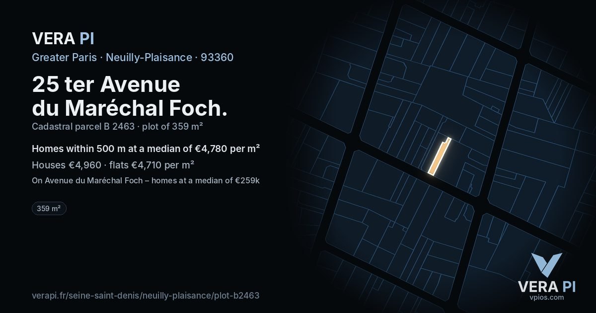 25 ter Avenue du Maréchal Foch, Neuilly-Plaisance at night – the plot lit, the parcels around coloured by the prices near them