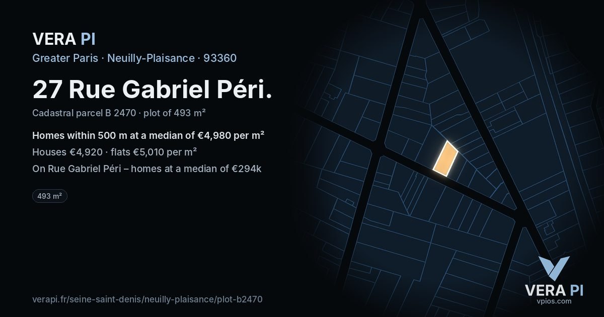 27 Rue Gabriel Péri, Neuilly-Plaisance at night – the plot lit, the parcels around coloured by the prices near them