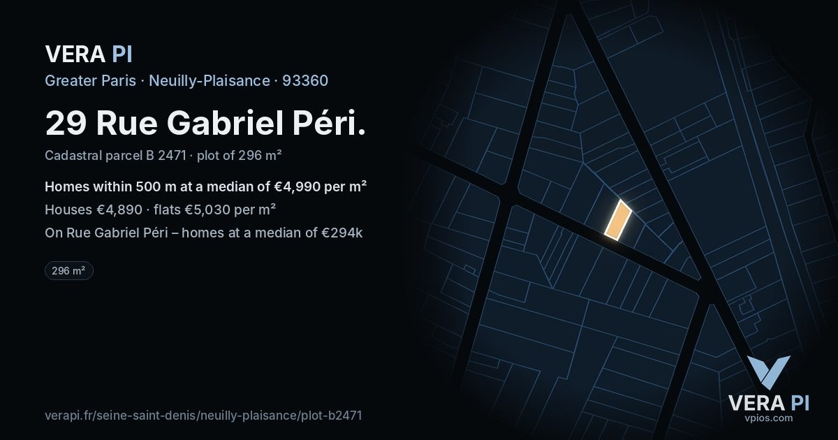 29 Rue Gabriel Péri, Neuilly-Plaisance at night – the plot lit, the parcels around coloured by the prices near them