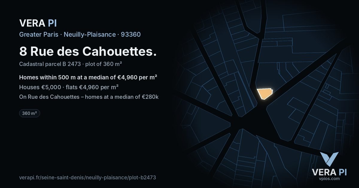 8 Rue des Cahouettes, Neuilly-Plaisance at night – the plot lit, the parcels around coloured by the prices near them