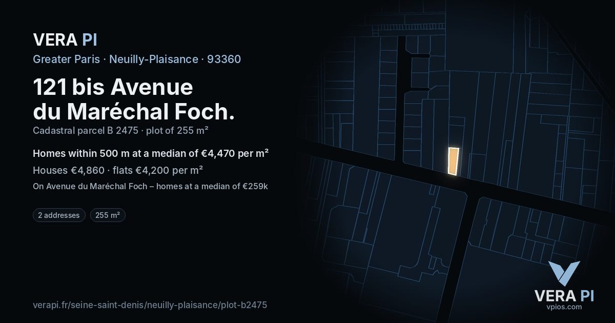 121 bis Avenue du Maréchal Foch, Neuilly-Plaisance at night – the plot lit, the parcels around coloured by the prices near them