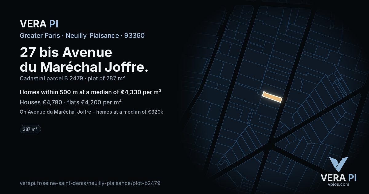 27 bis Avenue du Maréchal Joffre, Neuilly-Plaisance at night – the plot lit, the parcels around coloured by the prices near them
