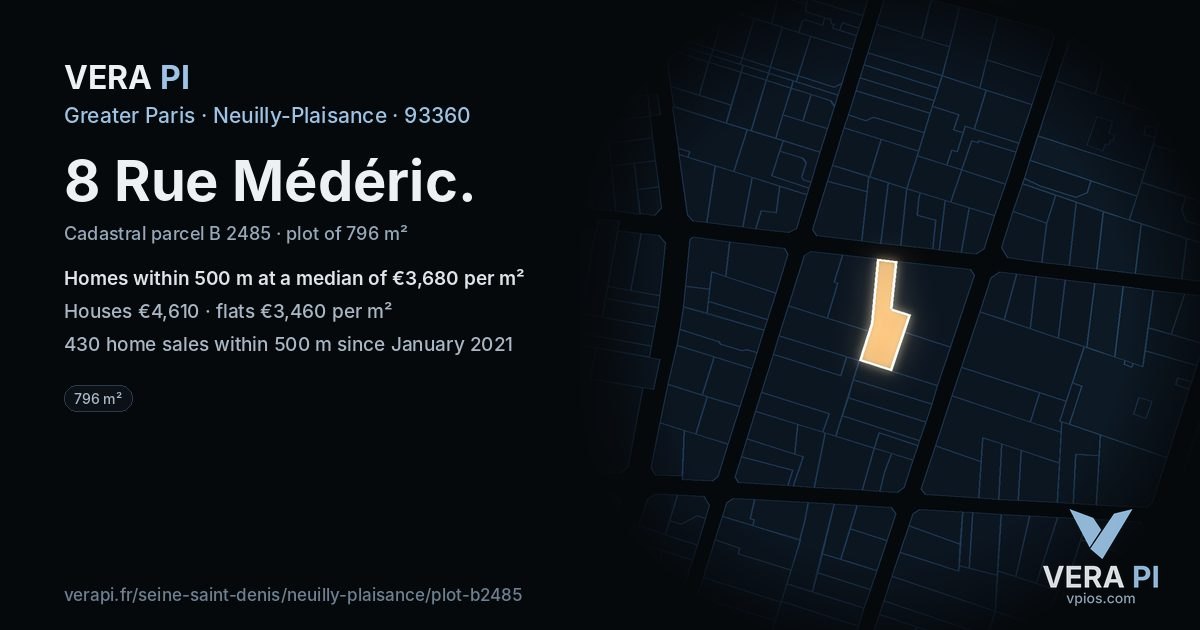 8 Rue Médéric, Neuilly-Plaisance at night – the plot lit, the parcels around coloured by the prices near them