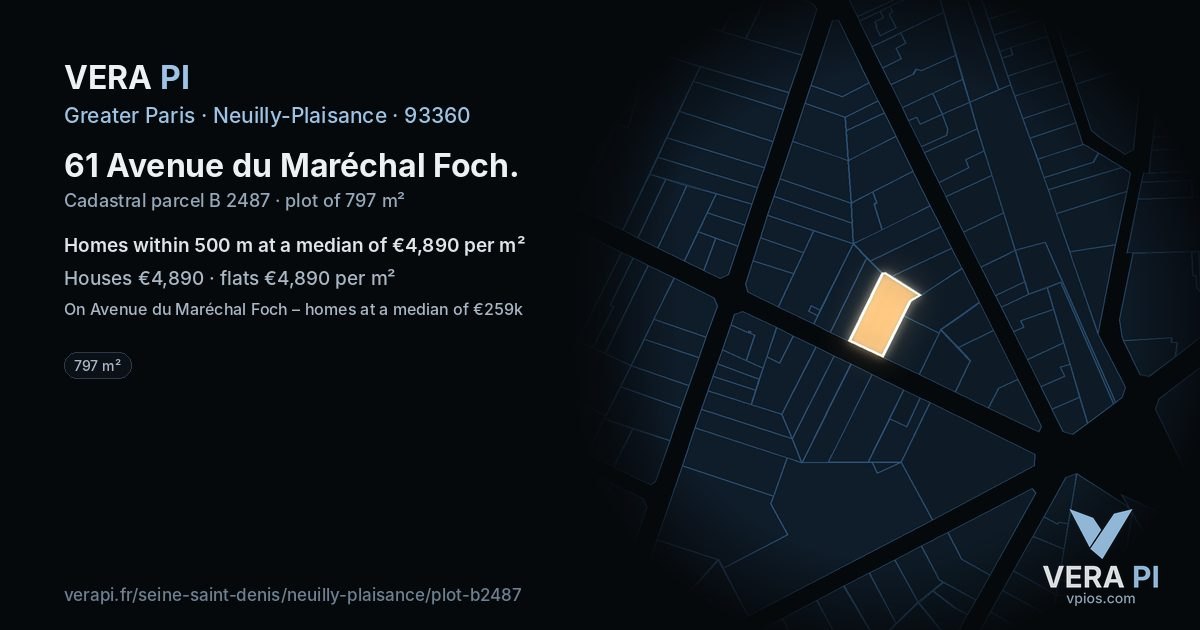 61 Avenue du Maréchal Foch, Neuilly-Plaisance at night – the plot lit, the parcels around coloured by the prices near them