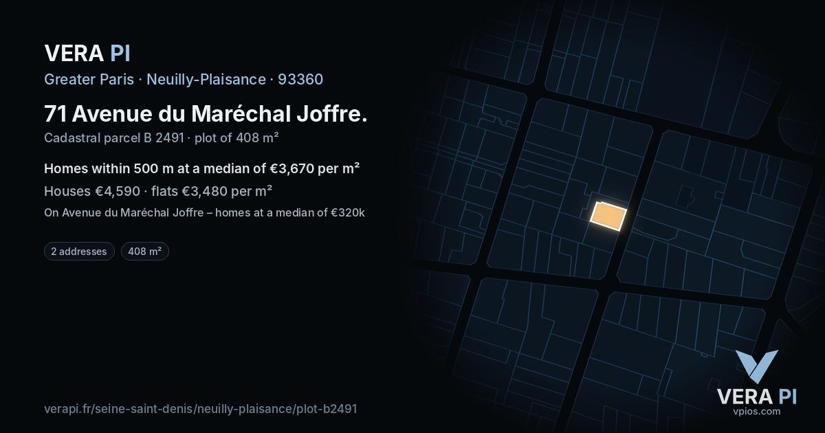 71 Avenue du Maréchal Joffre, Neuilly-Plaisance at night – the plot lit, the parcels around coloured by the prices near them