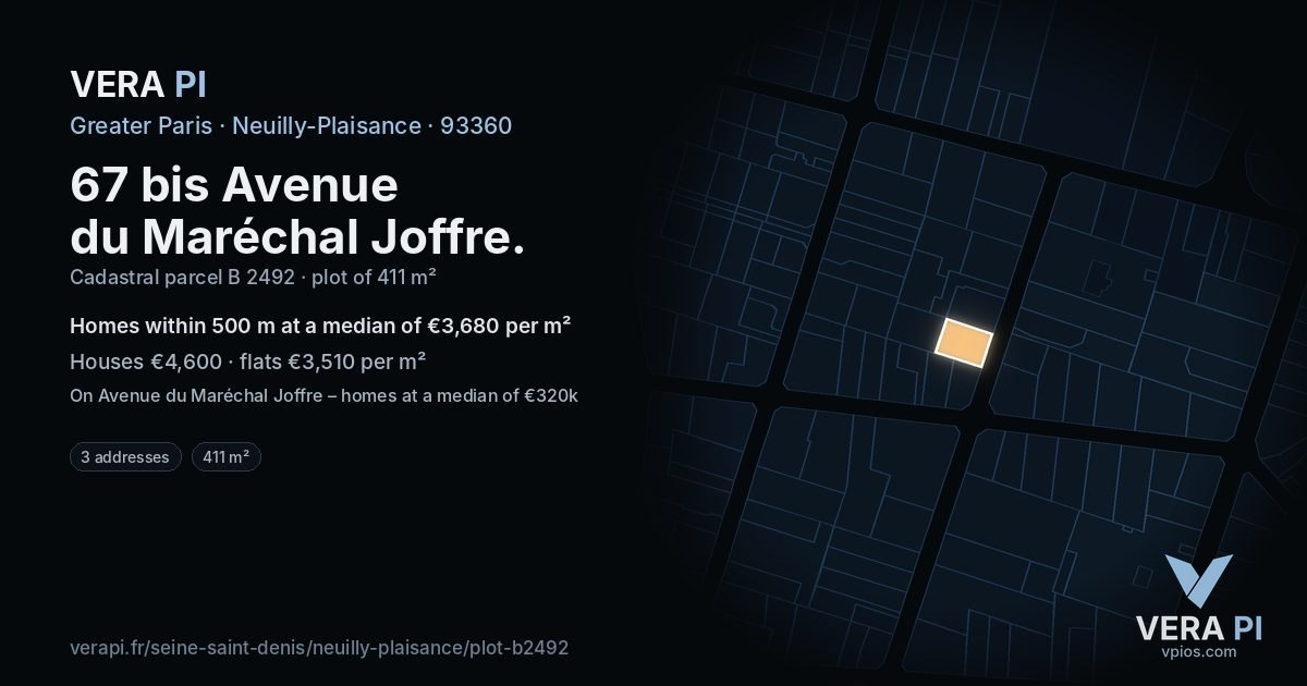 67 bis Avenue du Maréchal Joffre, Neuilly-Plaisance at night – the plot lit, the parcels around coloured by the prices near them