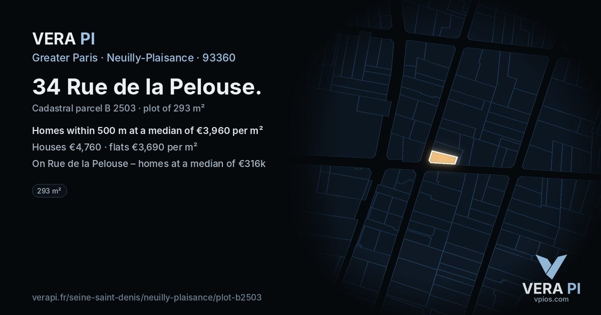 34 Rue de la Pelouse, Neuilly-Plaisance at night – the plot lit, the parcels around coloured by the prices near them